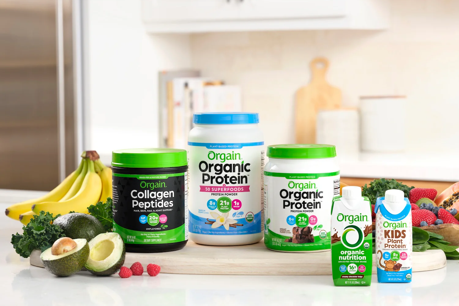 Orgain product lineup on kitchen counter